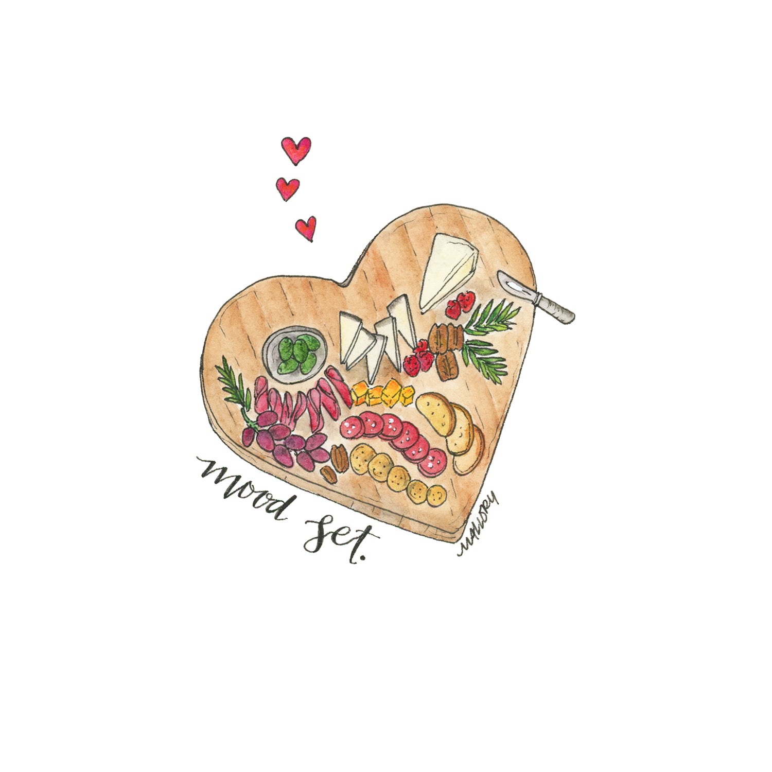 Image depicts a charcuterie board in the shape of a heart with fancy cheeses, cured meats, berries and herbs. Little red hearts are above the charcuterie board. "Mood set" is hand-lettered on the card to signify "setting the mood" for Valentine's Day.