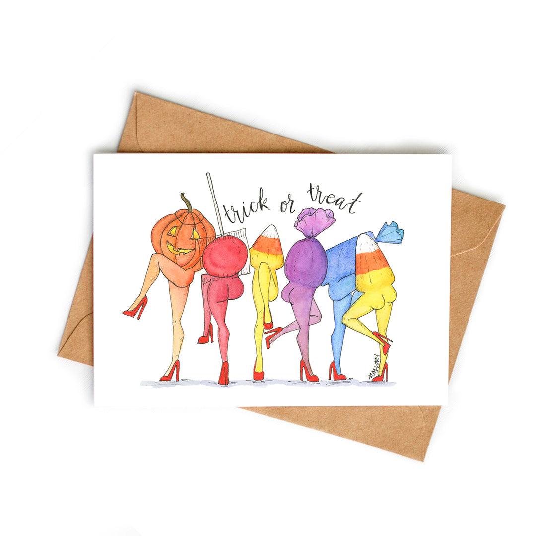 Halloween card with the words "trick or treat" hand-lettered on the card. Candy corn, lollipops, candy and a jack-o-lanterns with legs and red high heels dance across the card.
