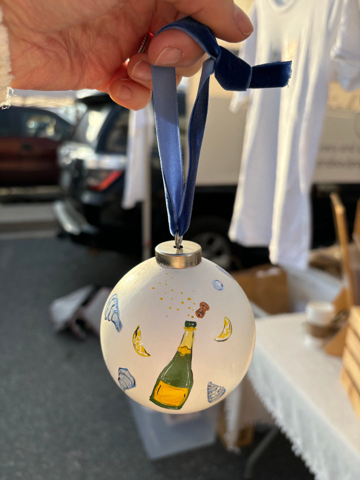 Hand-Painted Ceramic Ornament with Champagne and Oysters