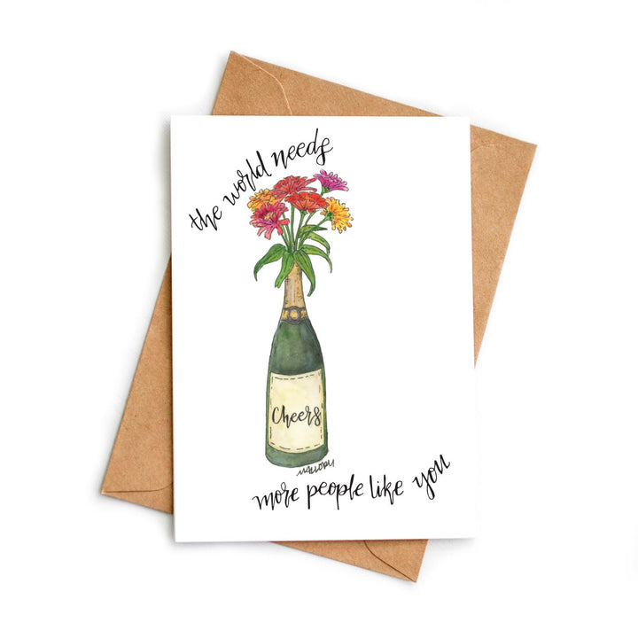 Greeting card with champagne bottle and flowers design on a white background