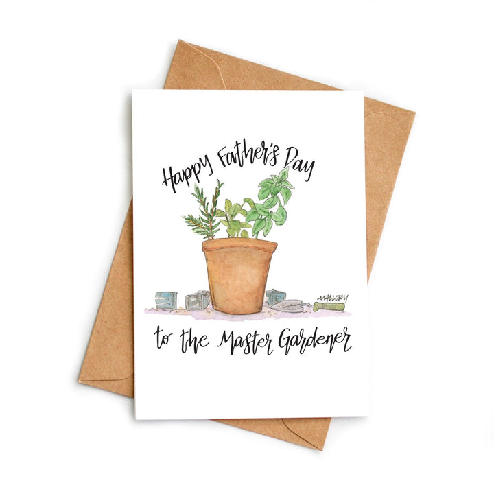 Father's Day card with a potted plant illustration and 'Happy Father's Day to the Master Gardener' text.