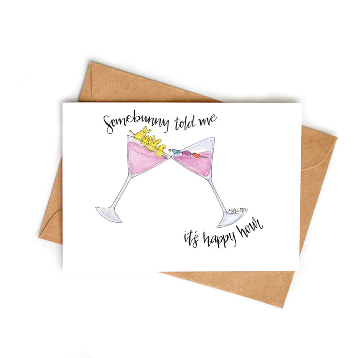 Greeting card with martini glasses and text on a white background
