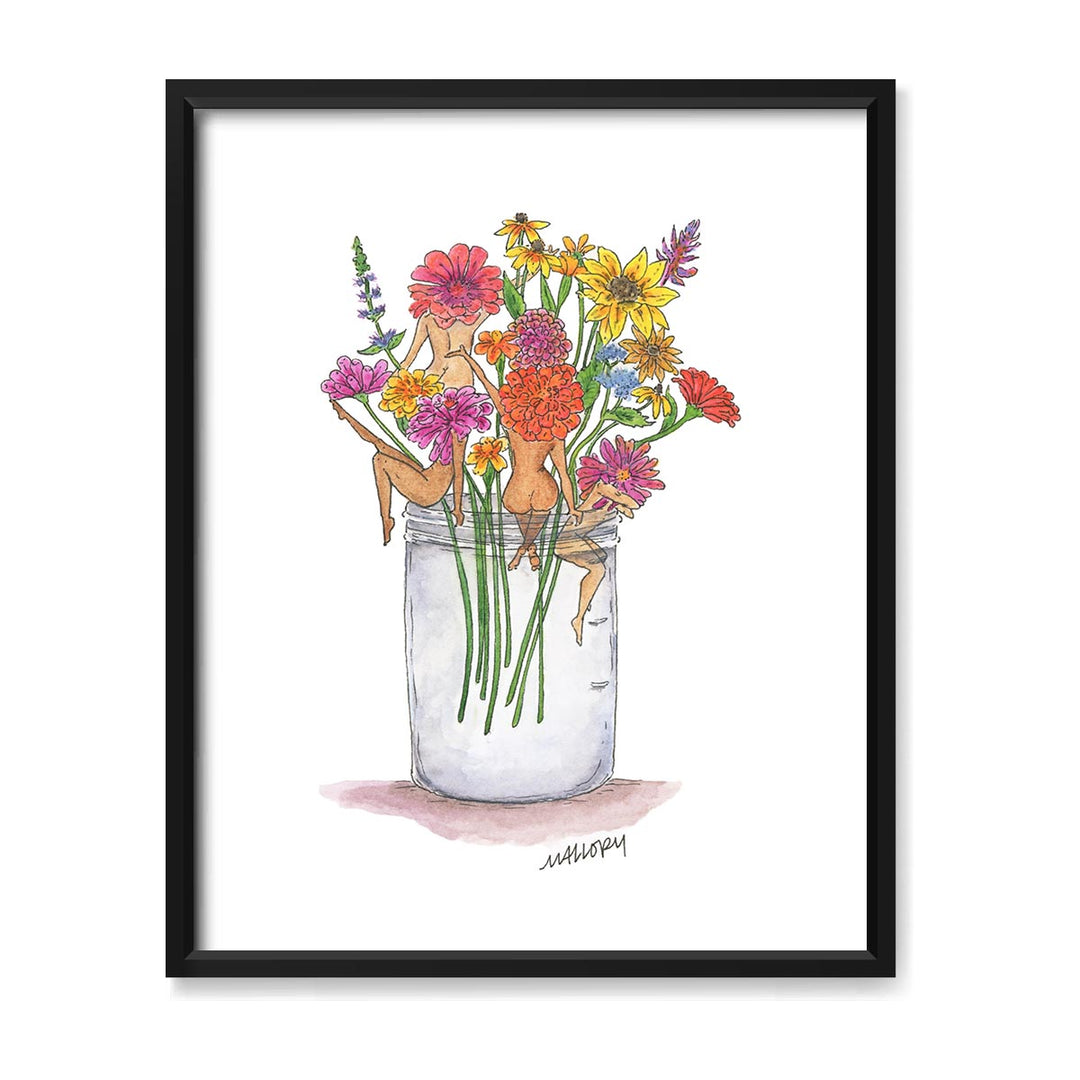 Framed artwork of flower women in a jar with colorful flowers on a white background