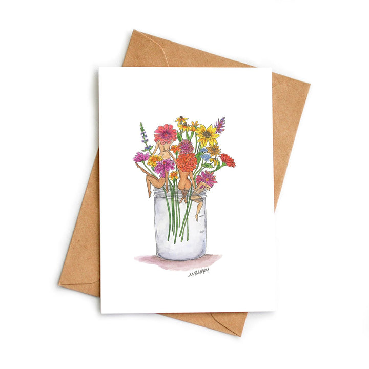 Greeting card with a illustration of a jar of flowers and a brown envelope on a white background