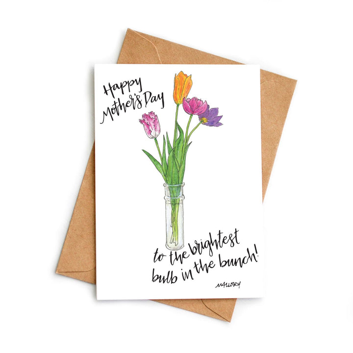 Greeting card with tulips in a vase and 'Happy Mother's Day' text, featuring a brown envelope.