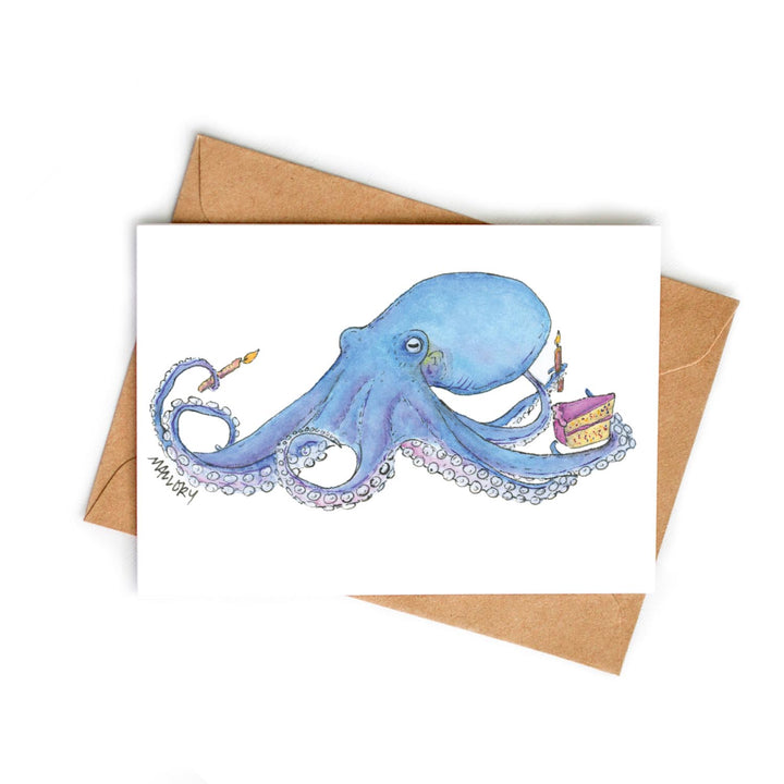 Greeting card with a blue octopus holding a cake and candles on a white background