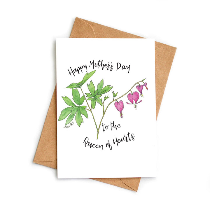 Greeting card with floral design of bleeding hearts and text on a white background