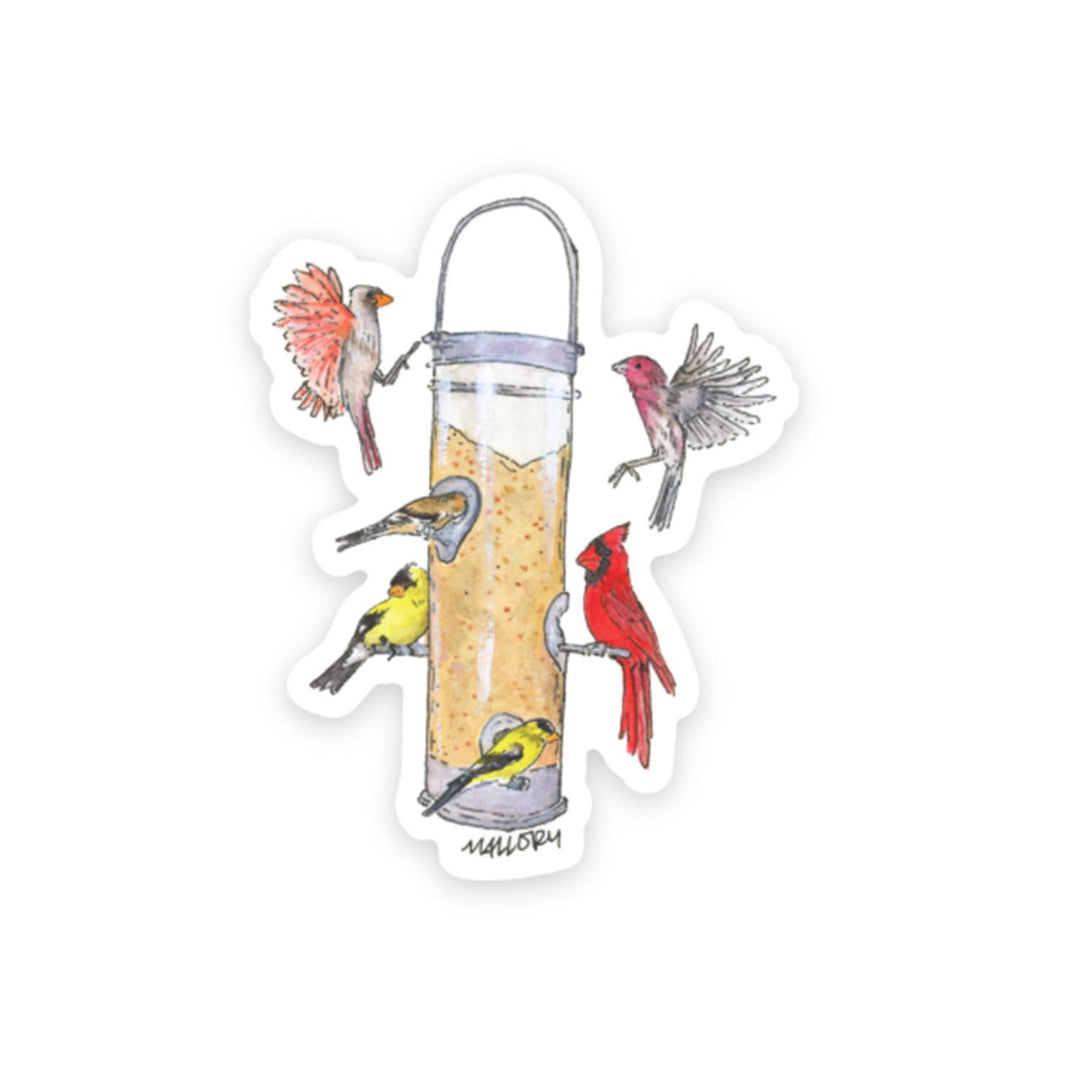 Sticker of a bird feeder with birds around it on a white background