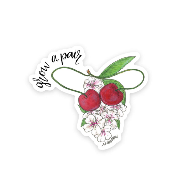 Sticker with cherries and flowers on a white background