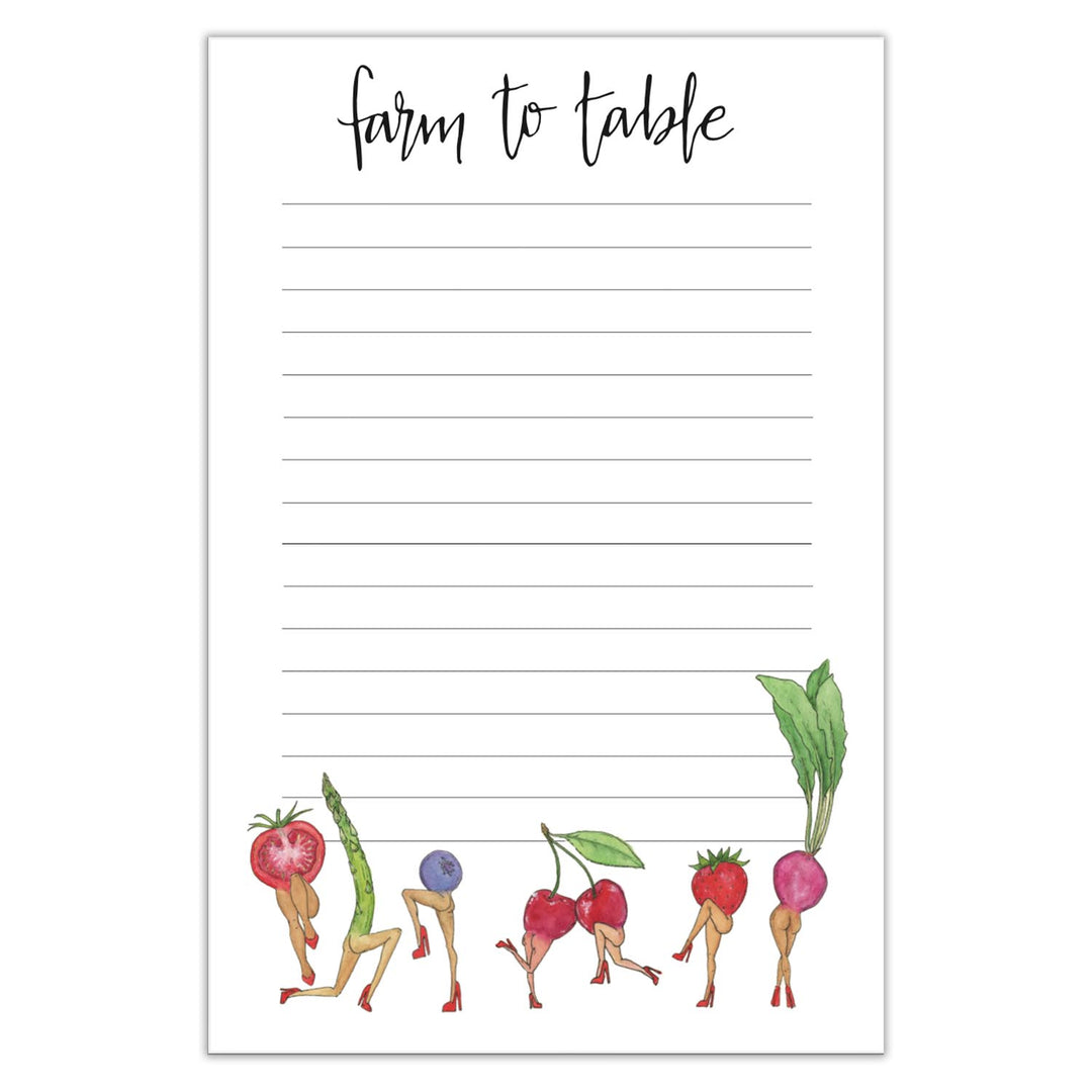 Notepad with 'farm to table' text and vegetable illustrations on a white background