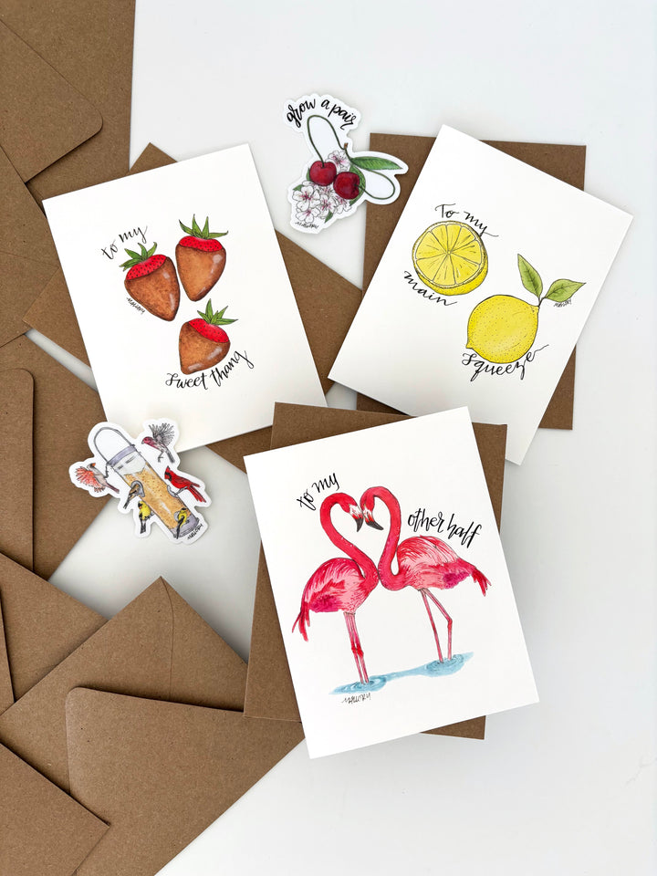 Set of Valentine's Day cards with illustrations and envelopes on a white background