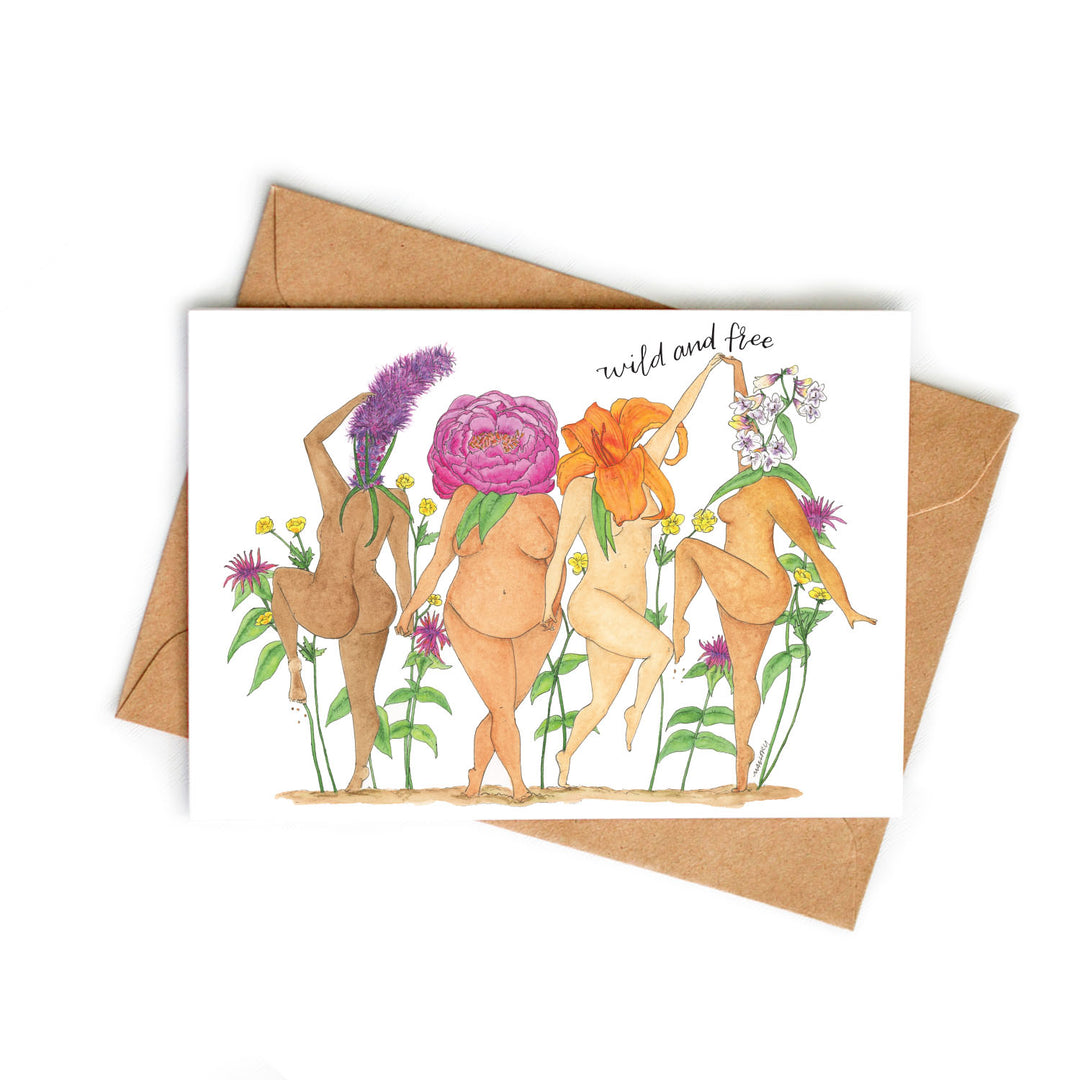Card with illustrations of nude figures dancing in flowers and the text 'Wild and Free' on a white background.