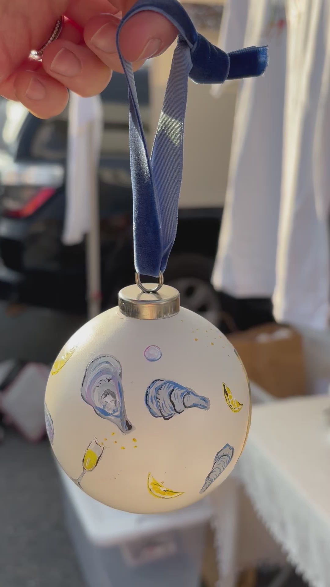 Hand-Painted Ceramic Ornament with Champagne and Oysters