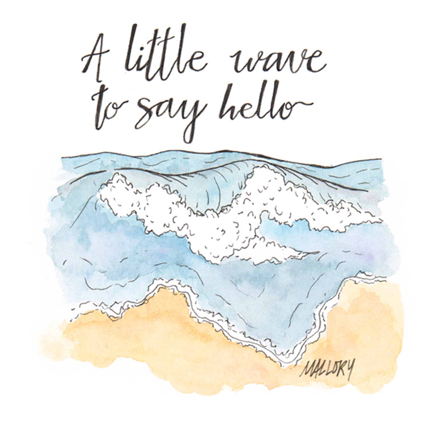 Mockup of an anytime greeting card with a handmade illustration of a wave on a beach. Written on the card is, "A little wave to say hello".