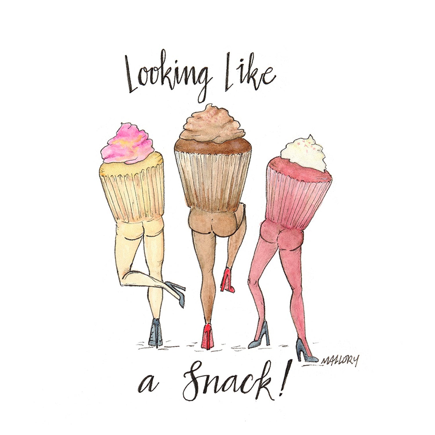 Image of greeting card on kraft recycled envelope. Card is illustrated with a vanilla cupcake, a chocolate cupcake and a red velvet cupcake with butts. The card reads, "Looking like a snack!".