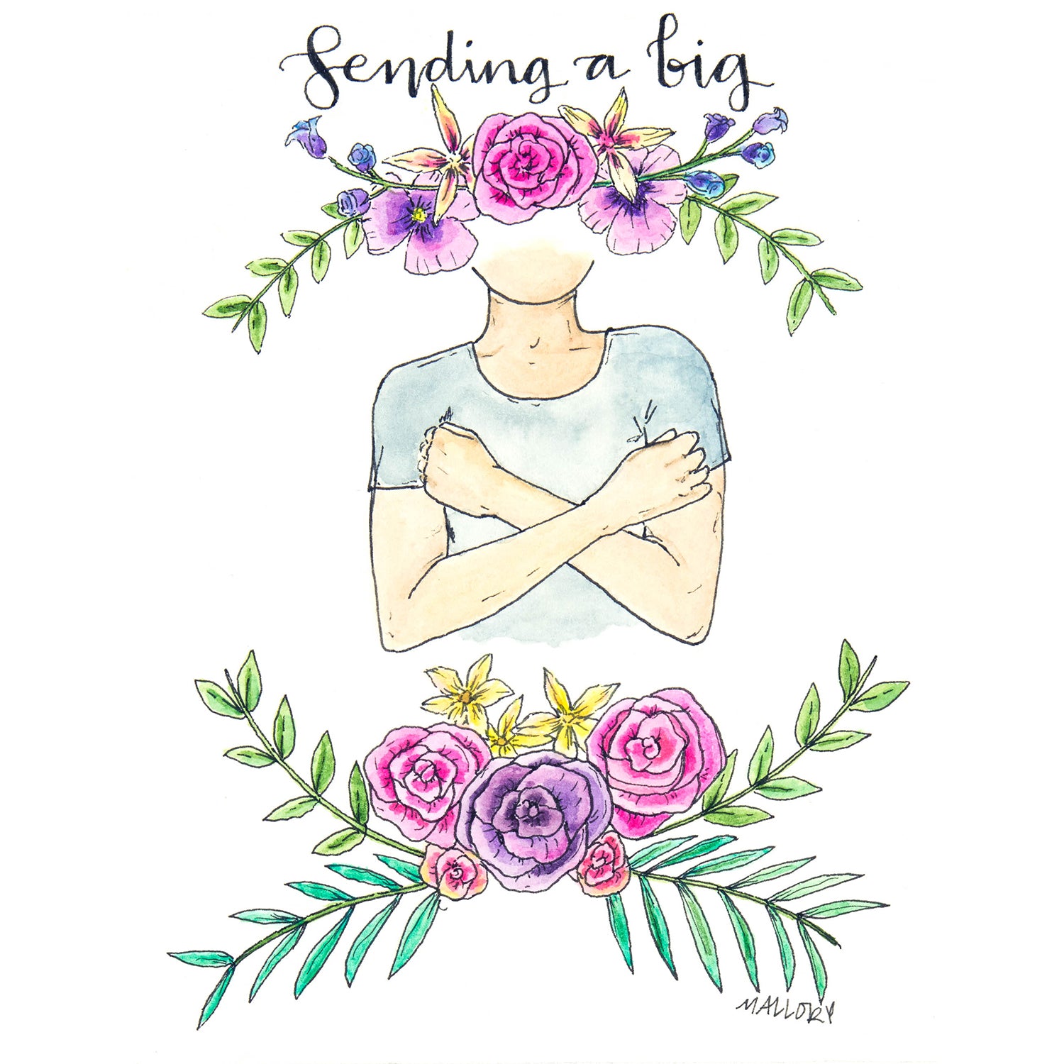 Greeting card with pink and purple flowers, with the American Sign Language symbol for hug. The person depicted has a dark skin tone. The words, "Sending a big" is hand-lettered at the top.
