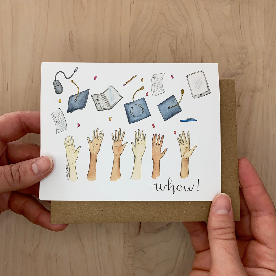 Image depicts a graduation card that shows hands throwing school supplies and graduation caps into the air. Objects being thrown in celebration are pens, papers, computers and confetti.