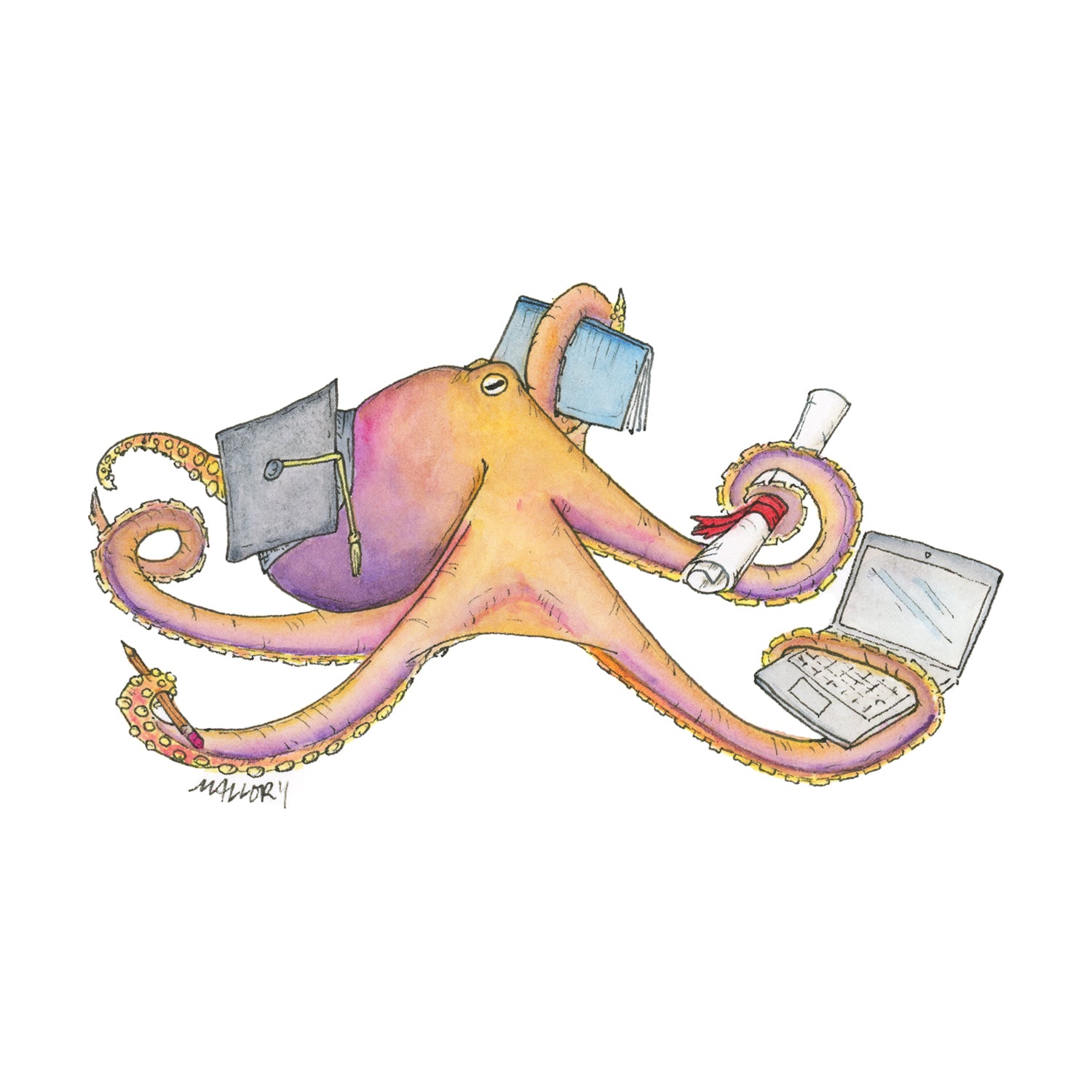 Image of an orange and purple octopus with a graduation cap. In it's tentacles, the octopus holds a graduation diploma, a computer, a notebook and pen. The image depicts a graduation card.