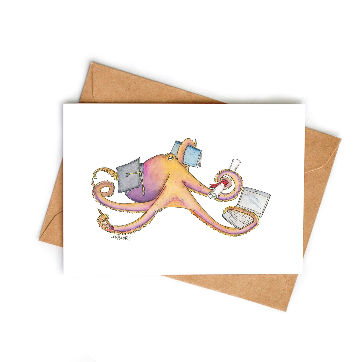 Image of an orange and purple octopus with a graduation cap. In it's tentacles, the octopus holds a graduation diploma, a computer, a notebook and pen. The image depicts a graduation card.