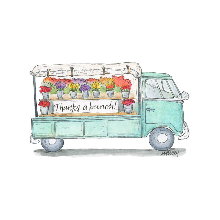 Image of a thank you card with a blue vintage VW bus. In the bus are bunches of fresh flowers and the words, "Thanks a bunch!" are hand-lettered on a sign.