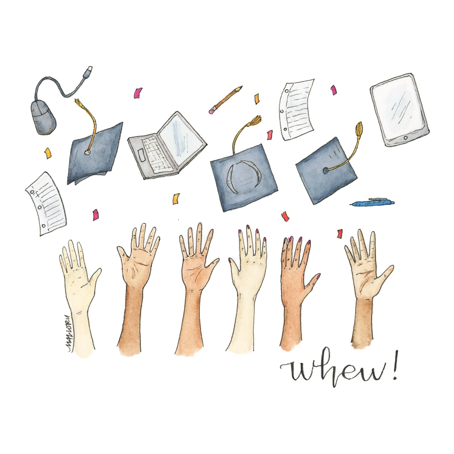 Image depicts a graduation card that shows hands throwing school supplies and graduation caps into the air. Objects being thrown in celebration are pens, papers, computers and confetti.