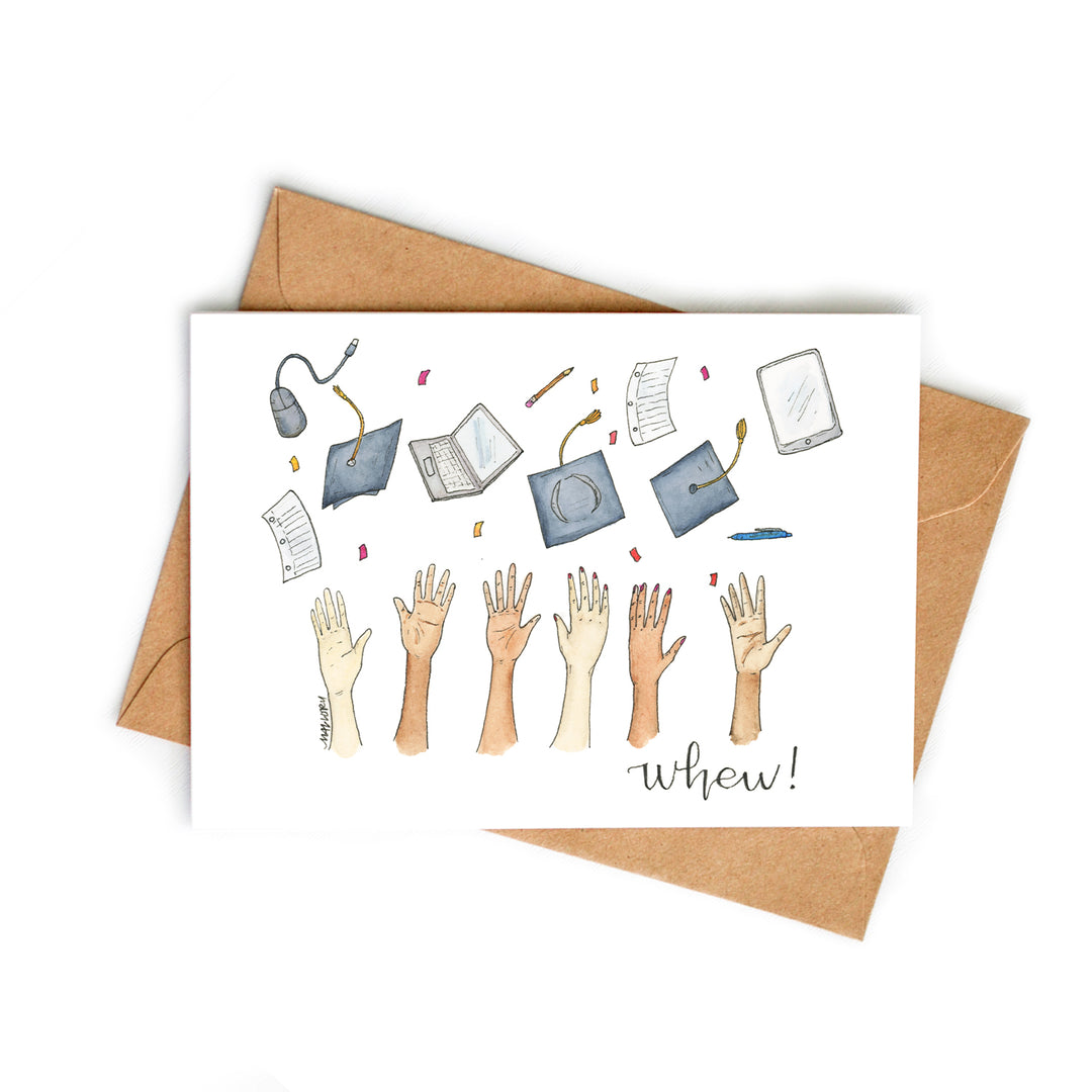 Image depicts a graduation card that shows hands throwing school supplies and graduation caps into the air. Objects being thrown in celebration are pens, papers, computers and confetti.