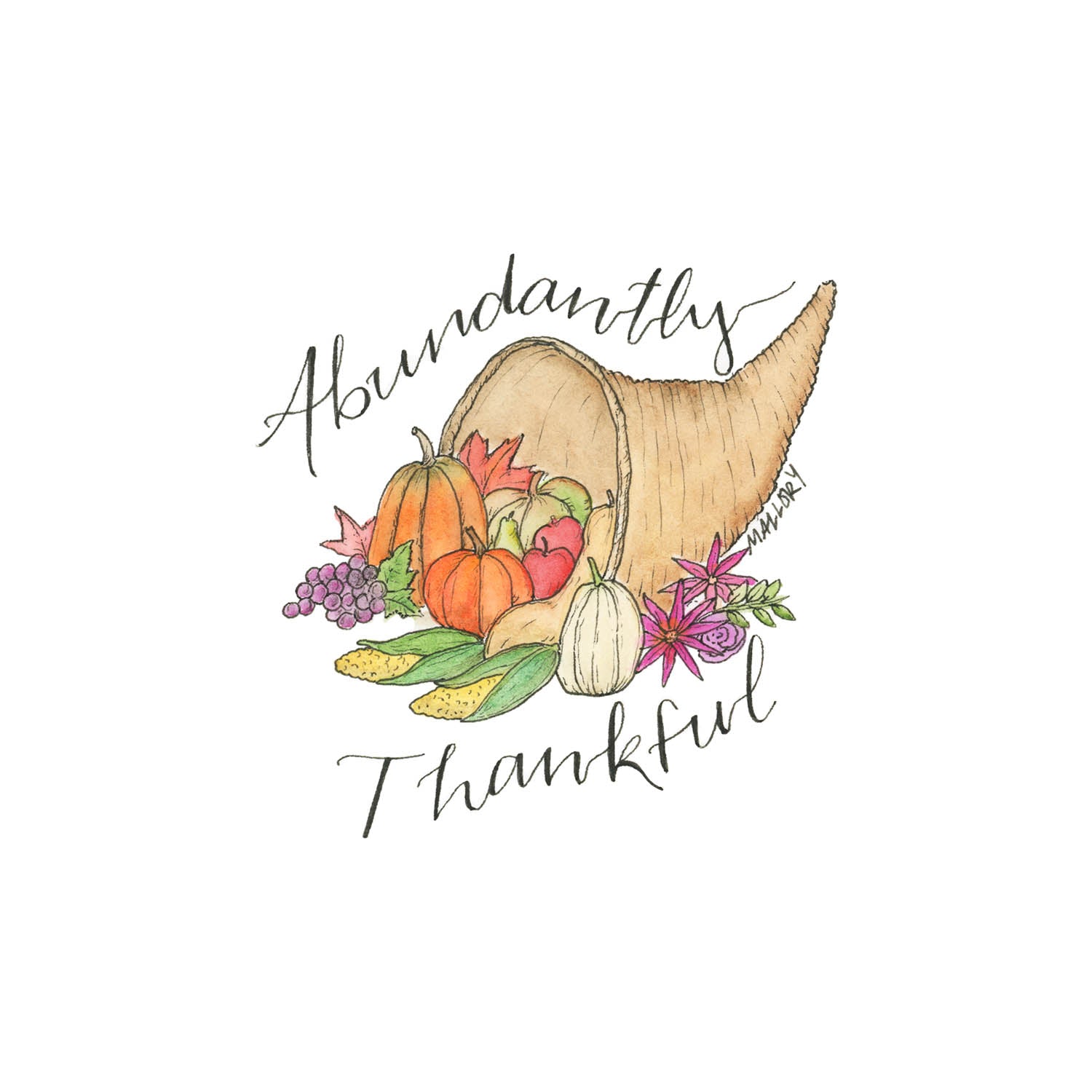 Thanksgiving card with a cornucopia filled with fresh pumpkins and vegetables in orange, green purple and natural colors. The words, "Abundantly Thankful" are depicted on the Thanksgiving card.