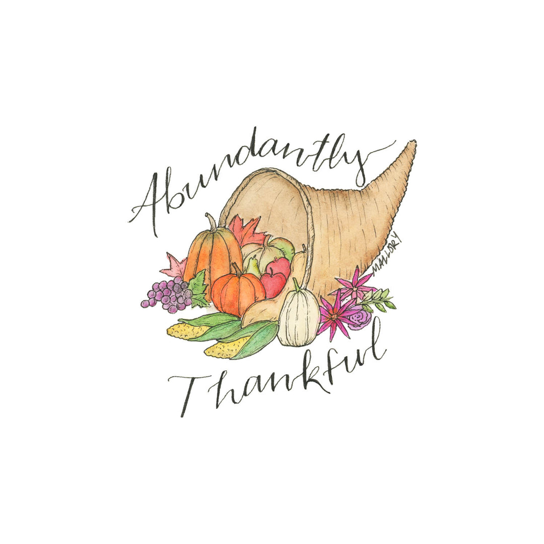 Thanksgiving card with a cornucopia filled with fresh pumpkins and vegetables in orange, green purple and natural colors. The words, "Abundantly Thankful" are depicted on the Thanksgiving card.