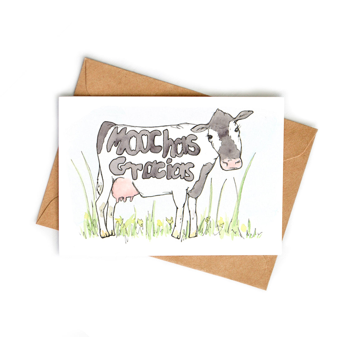 Moochas Gracias Cow Thank You Card in Spanish