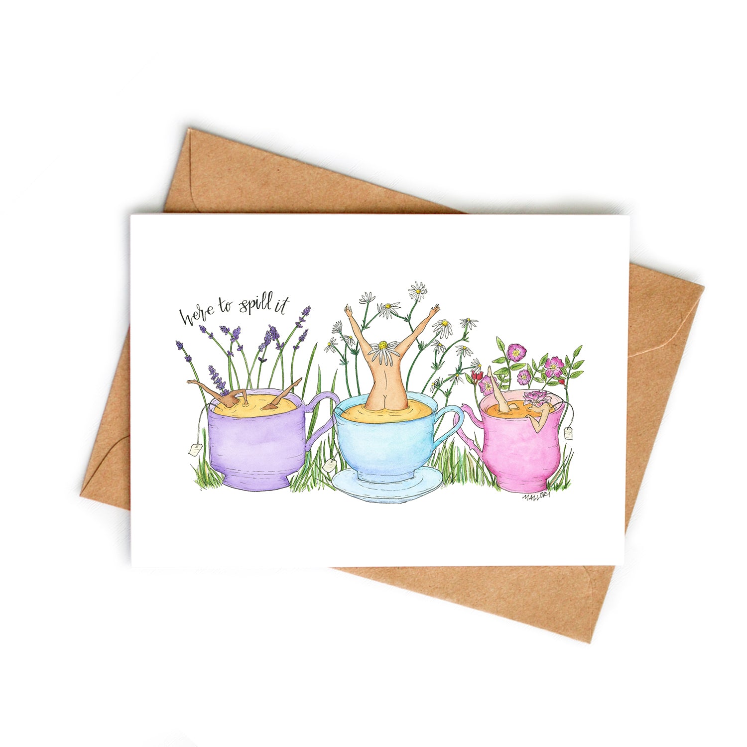 Here to Spill It Tea Watercolor Art Card